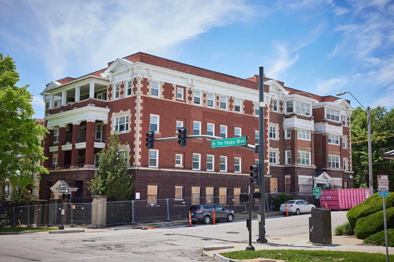 Exterior shot of Jazz Hill Apartments under renovation.