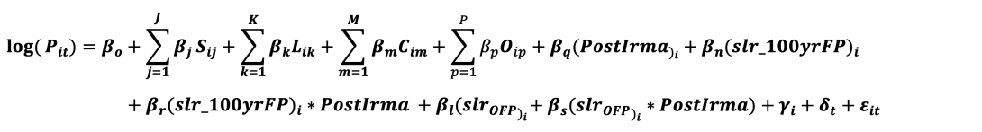 Equation 3: A diff-in-diff framework to compare home prices before and after hurricane Irma